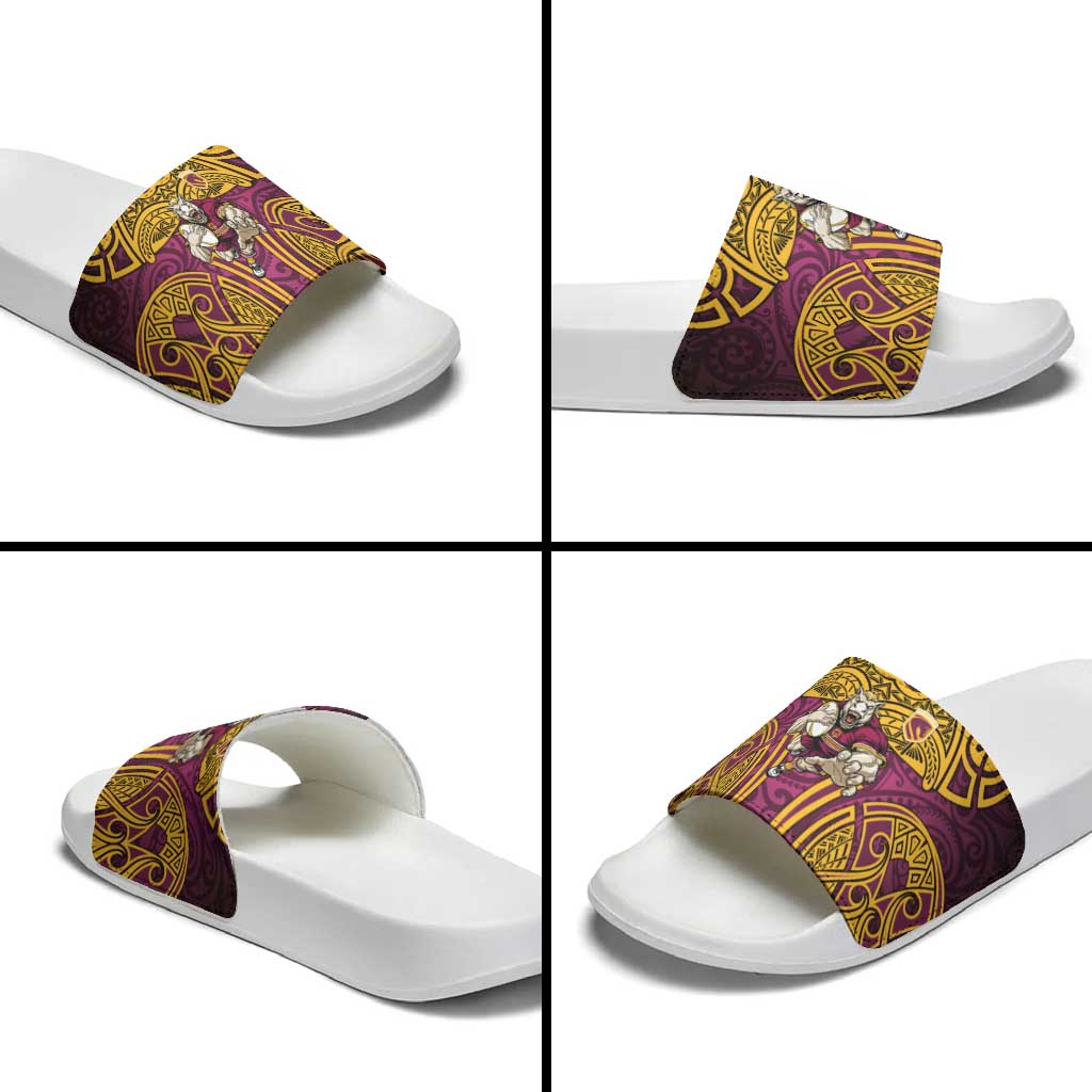 Brisbane Broncos Rugby Slide Sandals Polynesian Tribal Pattern Warrior Horse Maroon Gold Pattern