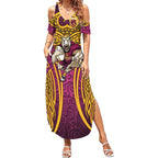 Brisbane Broncos Rugby Summer Maxi Dress Polynesian Tribal Pattern Warrior Horse Maroon Gold Pattern