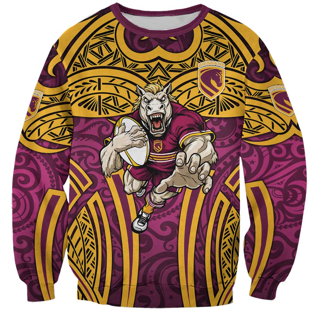 Brisbane Broncos Rugby Sweatshirt Polynesian Tribal Pattern Warrior Horse Maroon Gold Pattern