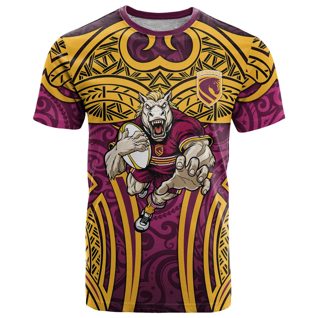 Brisbane Broncos Rugby T Shirt Polynesian Tribal Pattern Warrior Horse Maroon Gold Pattern