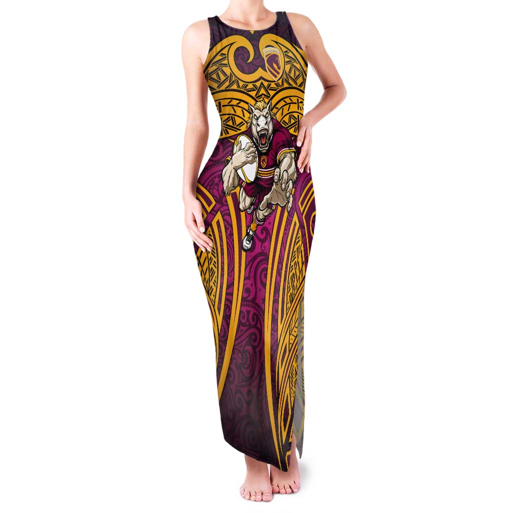 Brisbane Broncos Rugby Tank Maxi Dress Polynesian Tribal Pattern Warrior Horse Maroon Gold Pattern