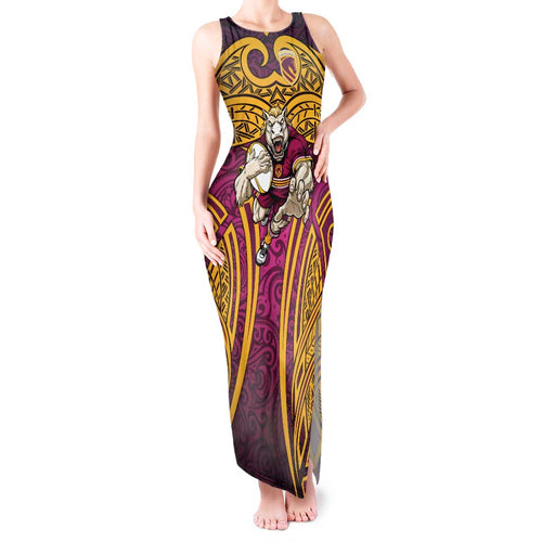 Brisbane Broncos Rugby Tank Maxi Dress Polynesian Tribal Pattern Warrior Horse Maroon Gold Pattern