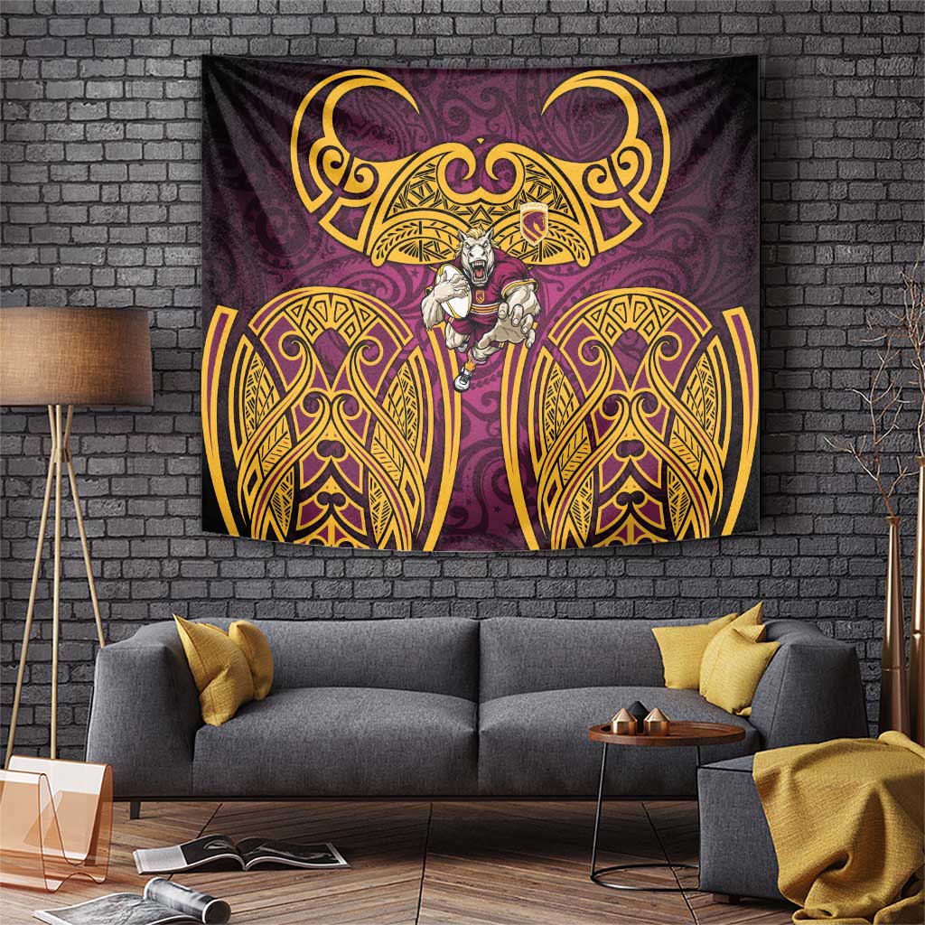 Brisbane Broncos Rugby Tapestry Polynesian Tribal Pattern Warrior Horse Maroon Gold Pattern