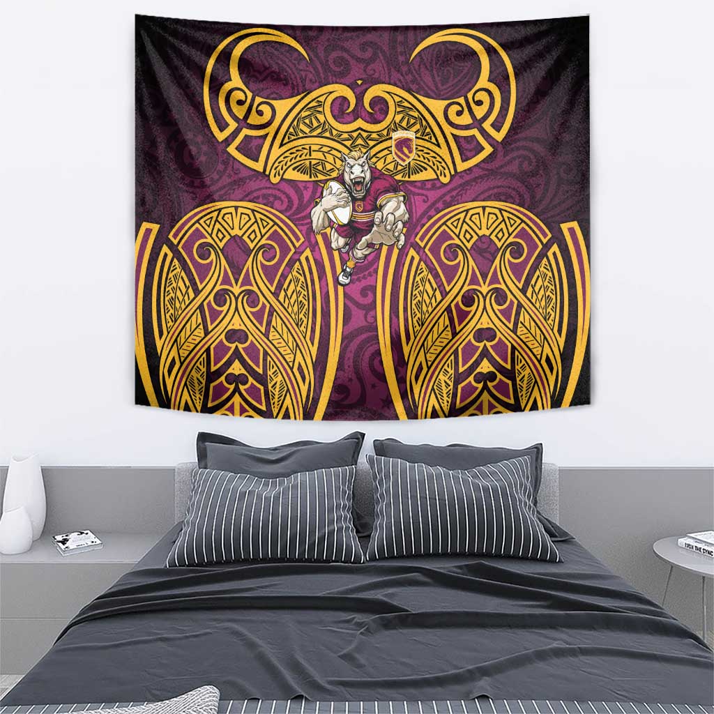 Brisbane Broncos Rugby Tapestry Polynesian Tribal Pattern Warrior Horse Maroon Gold Pattern