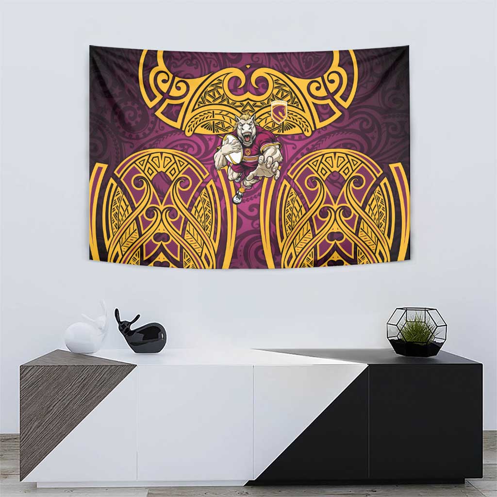 Brisbane Broncos Rugby Tapestry Polynesian Tribal Pattern Warrior Horse Maroon Gold Pattern