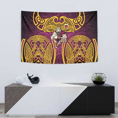 Brisbane Broncos Rugby Tapestry Polynesian Tribal Pattern Warrior Horse Maroon Gold Pattern