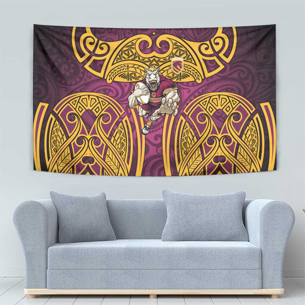 Brisbane Broncos Rugby Tapestry Polynesian Tribal Pattern Warrior Horse Maroon Gold Pattern