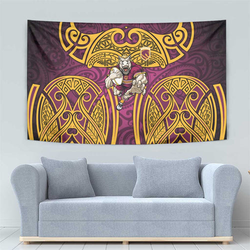 Brisbane Broncos Rugby Tapestry Polynesian Tribal Pattern Warrior Horse Maroon Gold Pattern