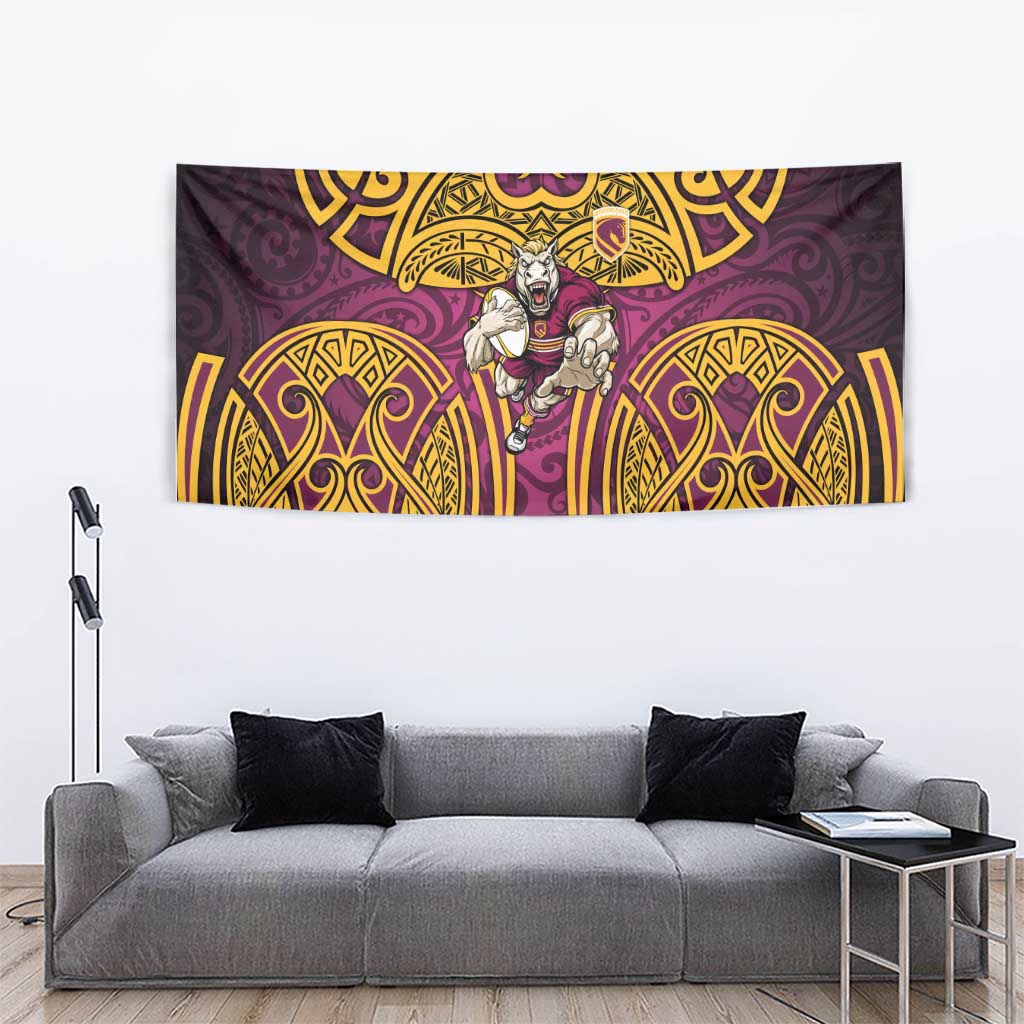 Brisbane Broncos Rugby Tapestry Polynesian Tribal Pattern Warrior Horse Maroon Gold Pattern