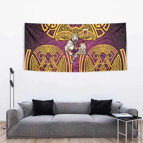 Brisbane Broncos Rugby Tapestry Polynesian Tribal Pattern Warrior Horse Maroon Gold Pattern