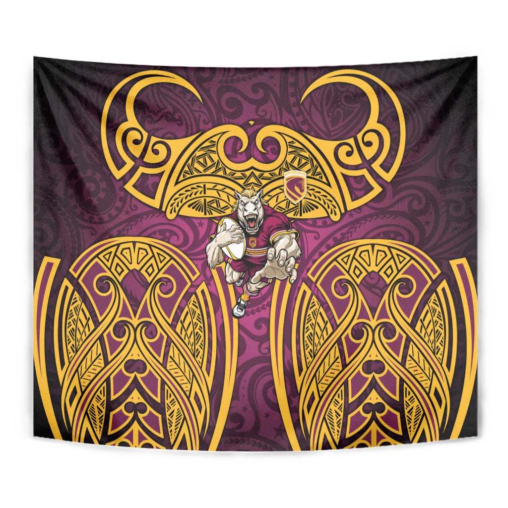 Brisbane Broncos Rugby Tapestry Polynesian Tribal Pattern Warrior Horse Maroon Gold Pattern