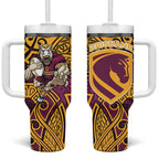Brisbane Broncos Rugby Tumbler With Handle Polynesian Tribal Pattern Warrior Horse Maroon Gold Pattern