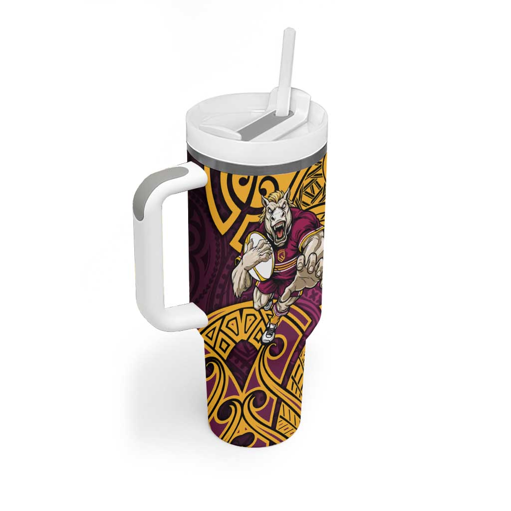 Brisbane Broncos Rugby Tumbler With Handle Polynesian Tribal Pattern Warrior Horse Maroon Gold Pattern