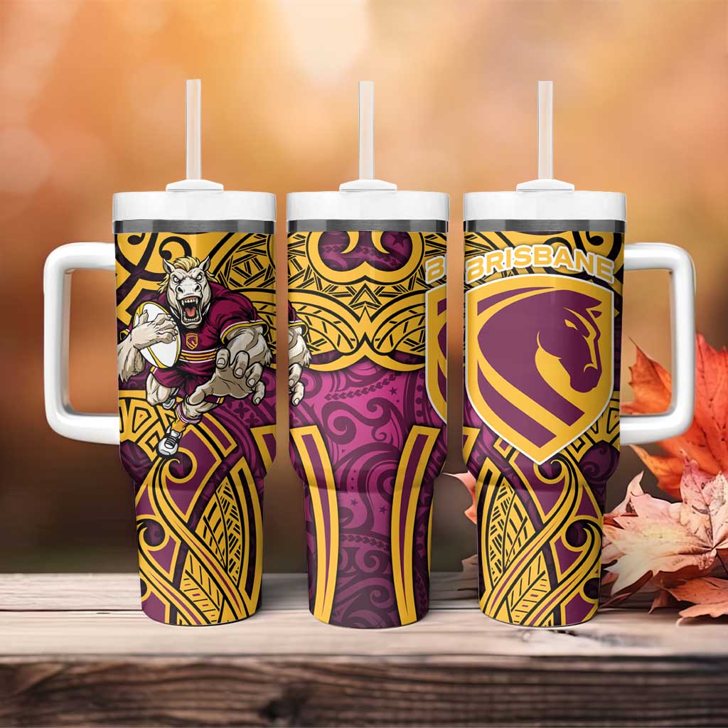 Brisbane Broncos Rugby Tumbler With Handle Polynesian Tribal Pattern Warrior Horse Maroon Gold Pattern