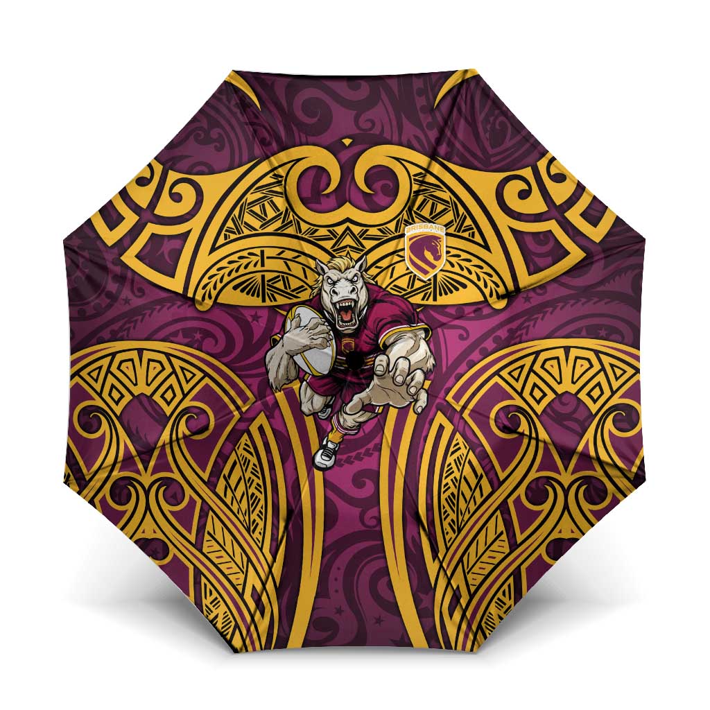 Brisbane Broncos Rugby Umbrella Polynesian Tribal Pattern Warrior Horse Maroon Gold Pattern