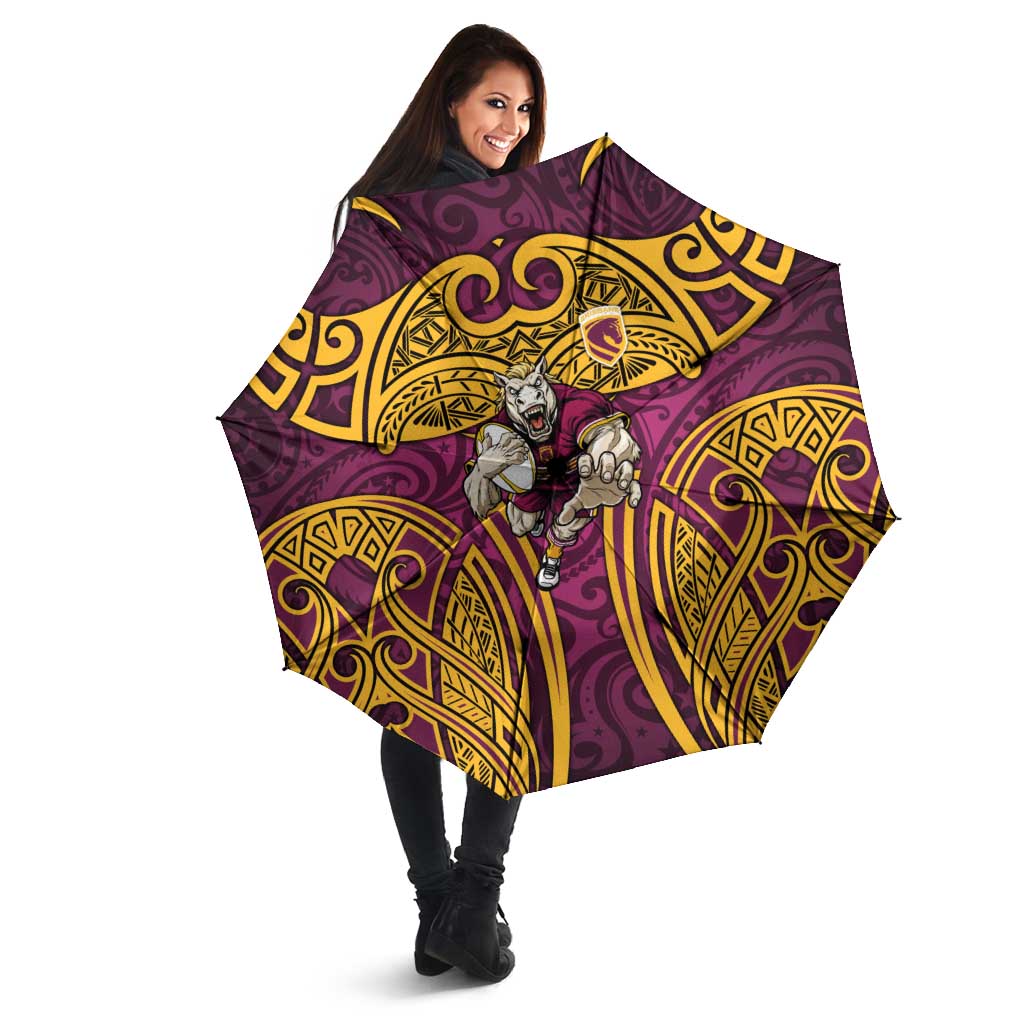 Brisbane Broncos Rugby Umbrella Polynesian Tribal Pattern Warrior Horse Maroon Gold Pattern