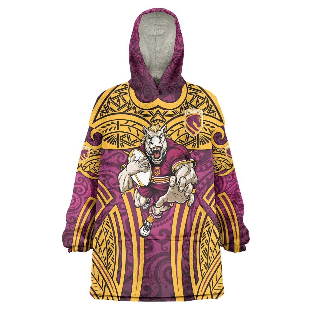 Brisbane Broncos Rugby Wearable Blanket Hoodie Polynesian Tribal Pattern Warrior Horse Maroon Gold Pattern