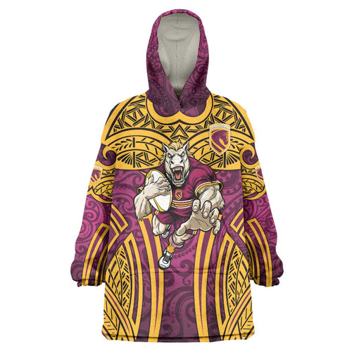 Brisbane Broncos Rugby Wearable Blanket Hoodie Polynesian Tribal Pattern Warrior Horse Maroon Gold Pattern
