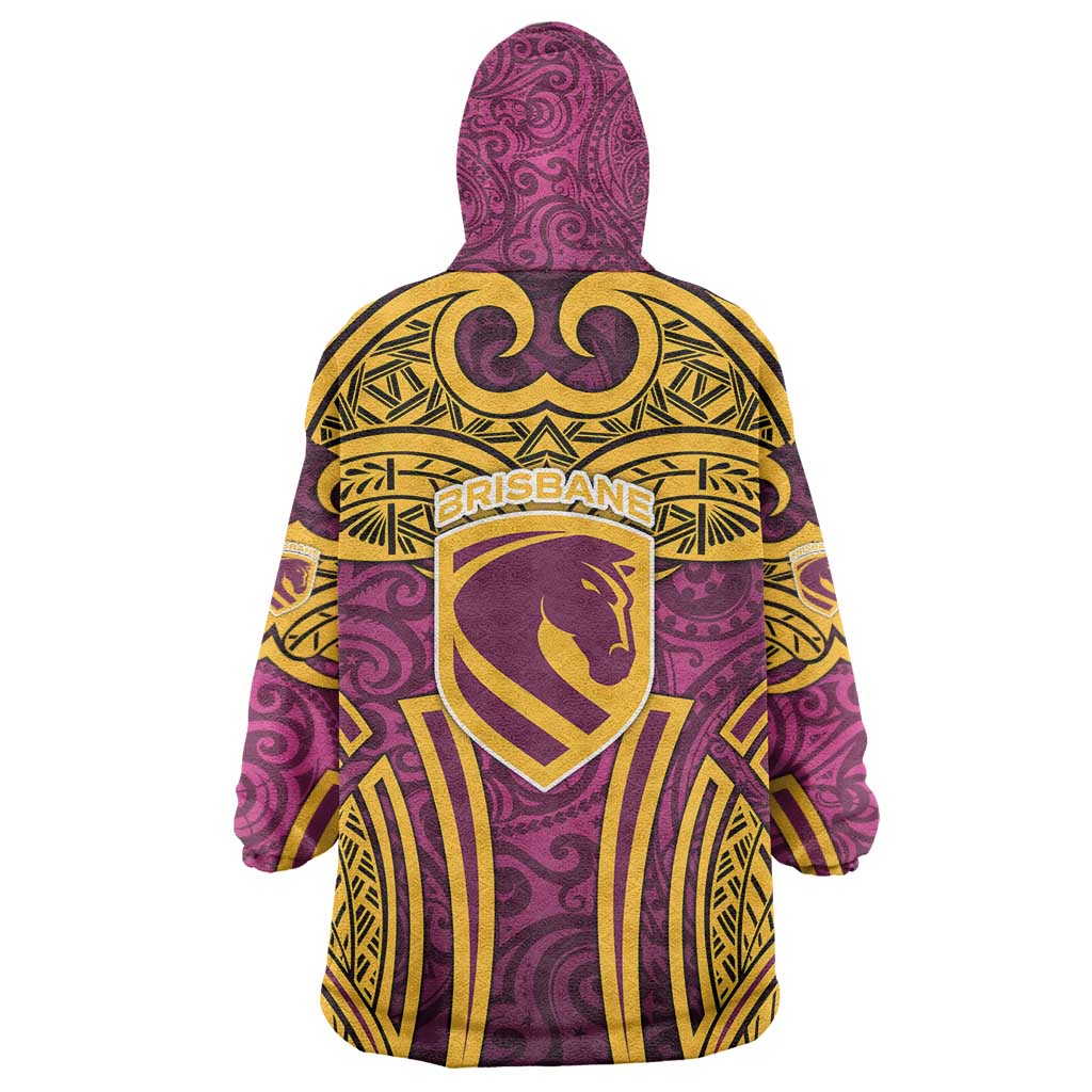 Brisbane Broncos Rugby Wearable Blanket Hoodie Polynesian Tribal Pattern Warrior Horse Maroon Gold Pattern