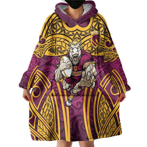 Brisbane Broncos Rugby Wearable Blanket Hoodie Polynesian Tribal Pattern Warrior Horse Maroon Gold Pattern