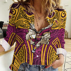 Brisbane Broncos Rugby Women Casual Shirt Polynesian Tribal Pattern Warrior Horse Maroon Gold Pattern