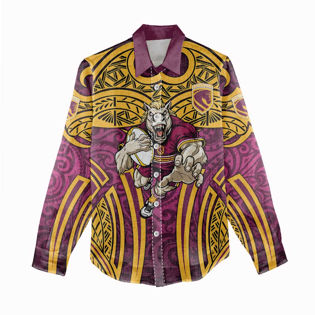 Brisbane Broncos Rugby Women Casual Shirt Polynesian Tribal Pattern Warrior Horse Maroon Gold Pattern