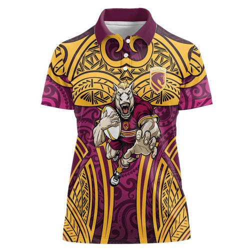 Brisbane Broncos Rugby Women Polo Shirt Polynesian Tribal Pattern Warrior Horse Maroon Gold Pattern