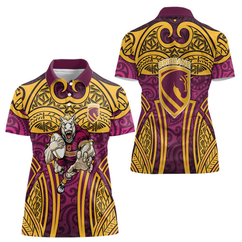 Brisbane Broncos Rugby Women Polo Shirt Polynesian Tribal Pattern Warrior Horse Maroon Gold Pattern