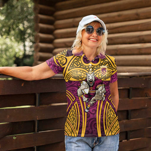 Brisbane Broncos Rugby Women Polo Shirt Polynesian Tribal Pattern Warrior Horse Maroon Gold Pattern