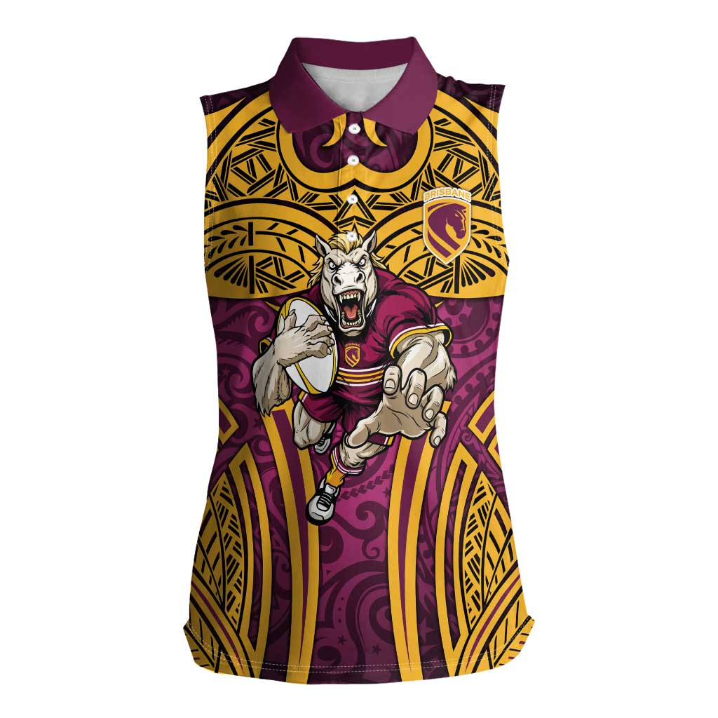 Brisbane Broncos Rugby Women Sleeveless Polo Shirt Polynesian Tribal Pattern Warrior Horse Maroon Gold Pattern