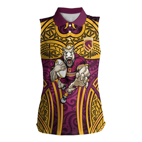 Brisbane Broncos Rugby Women Sleeveless Polo Shirt Polynesian Tribal Pattern Warrior Horse Maroon Gold Pattern