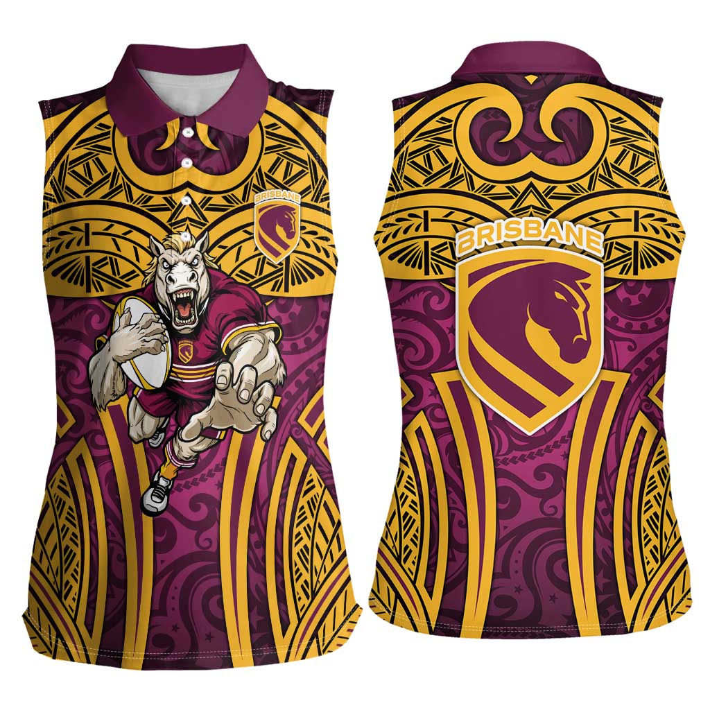Brisbane Broncos Rugby Women Sleeveless Polo Shirt Polynesian Tribal Pattern Warrior Horse Maroon Gold Pattern