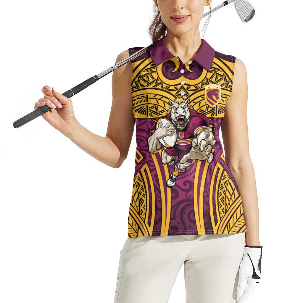 Brisbane Broncos Rugby Women Sleeveless Polo Shirt Polynesian Tribal Pattern Warrior Horse Maroon Gold Pattern