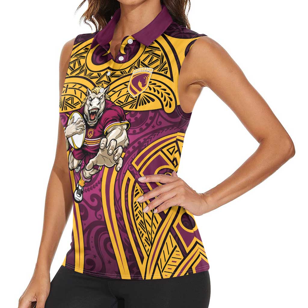 Brisbane Broncos Rugby Women Sleeveless Polo Shirt Polynesian Tribal Pattern Warrior Horse Maroon Gold Pattern