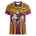 Brisbane Broncos Rugby Women V-Neck T-Shirt Polynesian Tribal Pattern Warrior Horse Maroon Gold Pattern