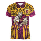 Brisbane Broncos Rugby Women V-Neck T-Shirt Polynesian Tribal Pattern Warrior Horse Maroon Gold Pattern
