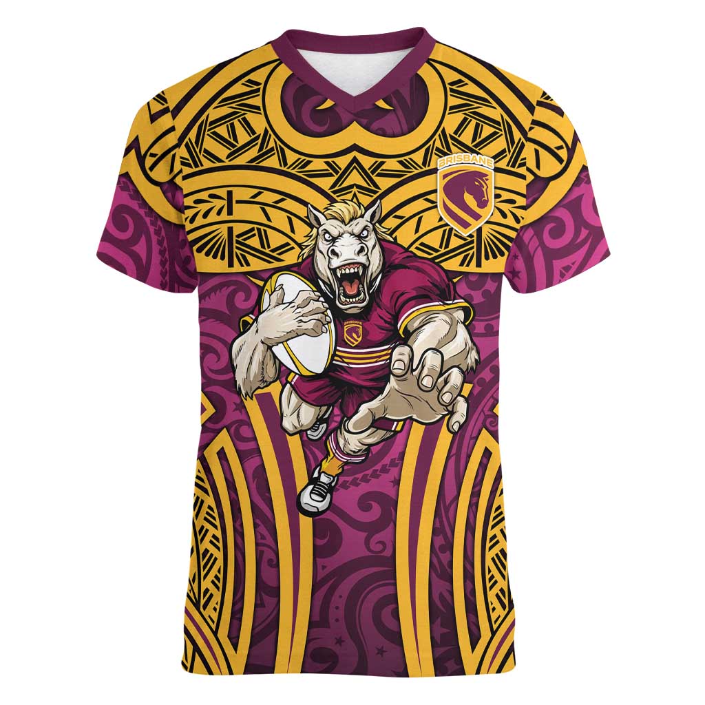 Brisbane Broncos Rugby Women V-Neck T-Shirt Polynesian Tribal Pattern Warrior Horse Maroon Gold Pattern