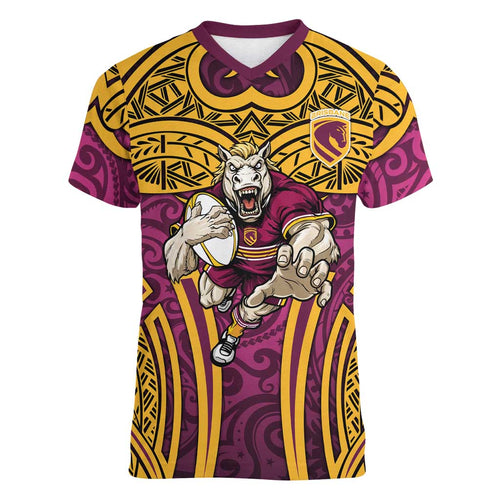 Brisbane Broncos Rugby Women V-Neck T-Shirt Polynesian Tribal Pattern Warrior Horse Maroon Gold Pattern