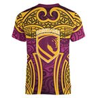Brisbane Broncos Rugby Women V-Neck T-Shirt Polynesian Tribal Pattern Warrior Horse Maroon Gold Pattern