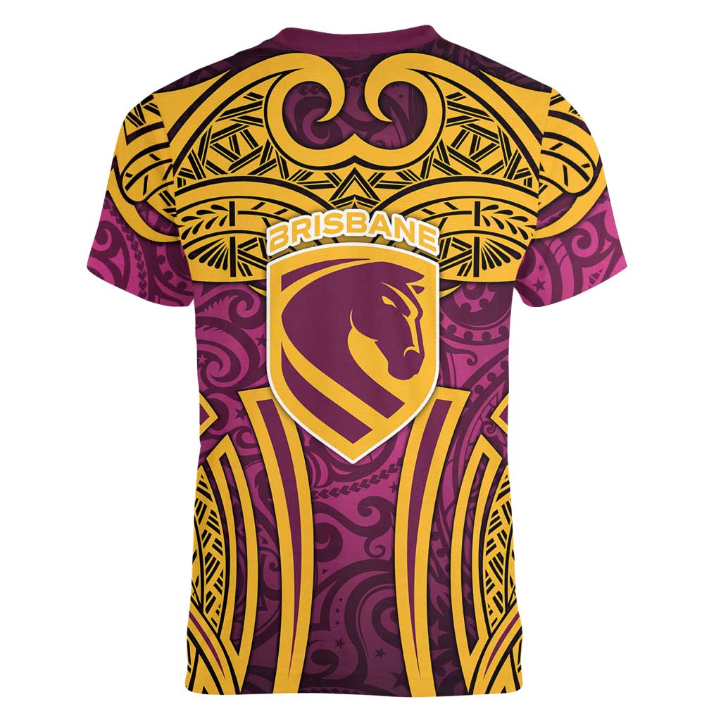 Brisbane Broncos Rugby Women V-Neck T-Shirt Polynesian Tribal Pattern Warrior Horse Maroon Gold Pattern
