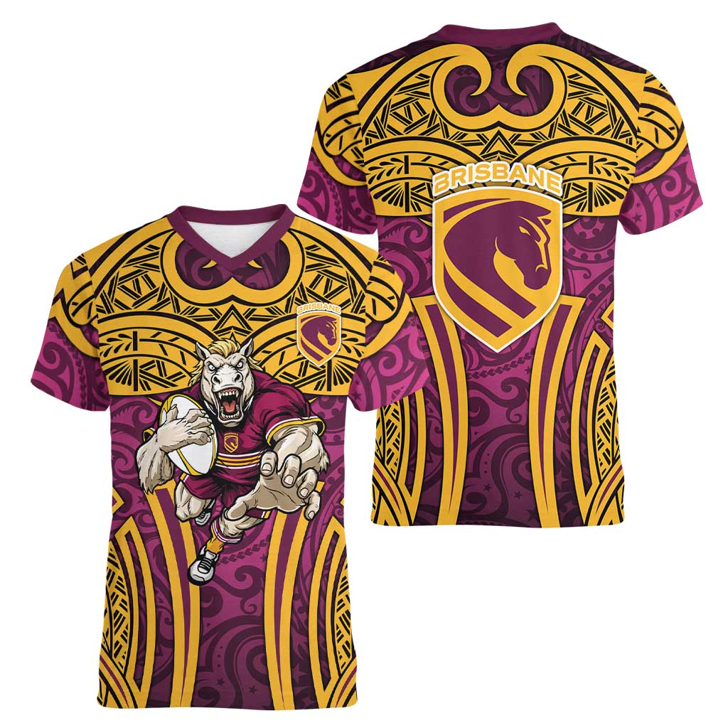 Brisbane Broncos Rugby Women V-Neck T-Shirt Polynesian Tribal Pattern Warrior Horse Maroon Gold Pattern