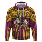 Brisbane Broncos Rugby Zip Hoodie Polynesian Tribal Pattern Warrior Horse Maroon Gold Pattern