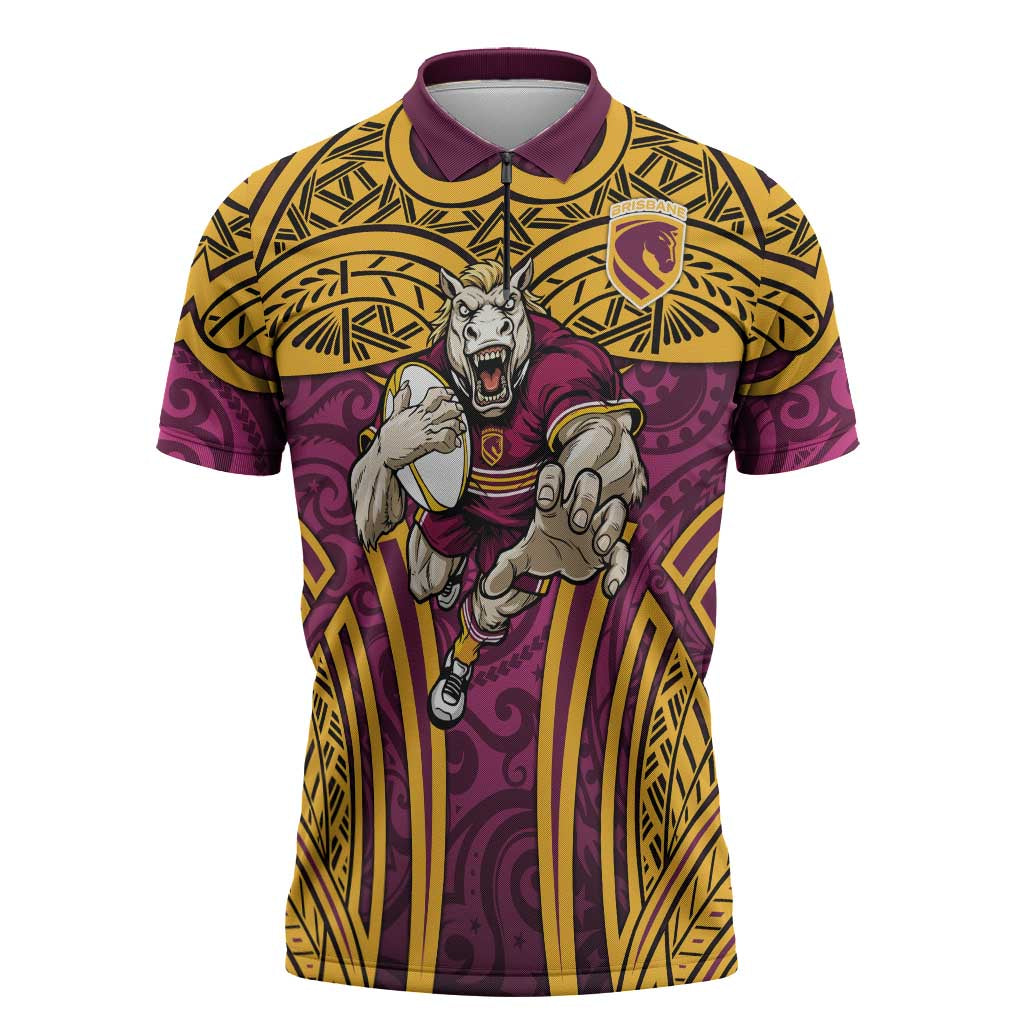 Brisbane Broncos Rugby Zipper Polo Shirt Polynesian Tribal Pattern Warrior Horse Maroon Gold Pattern
