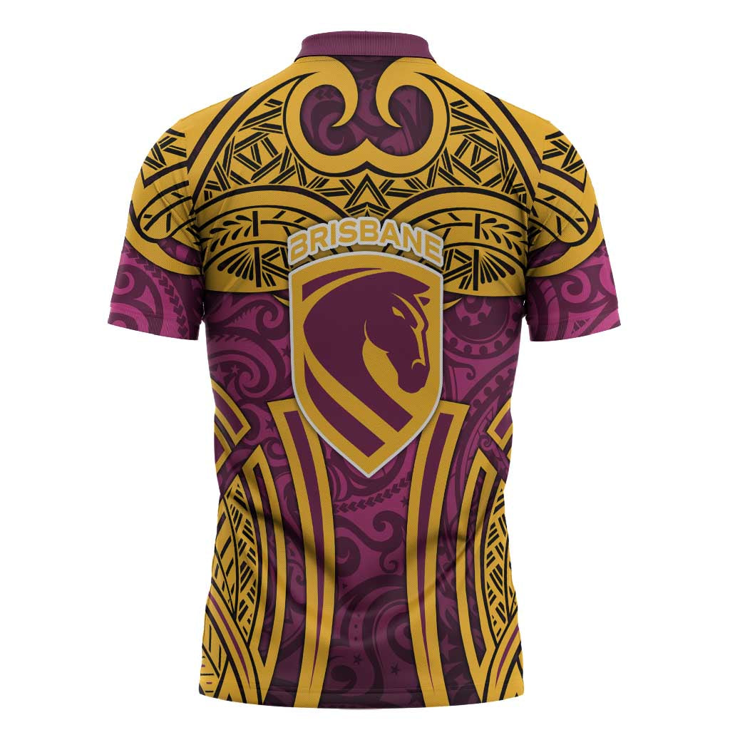 Brisbane Broncos Rugby Zipper Polo Shirt Polynesian Tribal Pattern Warrior Horse Maroon Gold Pattern