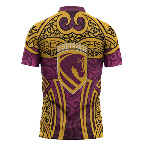 Brisbane Broncos Rugby Zipper Polo Shirt Polynesian Tribal Pattern Warrior Horse Maroon Gold Pattern