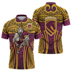 Brisbane Broncos Rugby Zipper Polo Shirt Polynesian Tribal Pattern Warrior Horse Maroon Gold Pattern