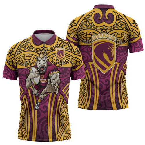 Brisbane Broncos Rugby Zipper Polo Shirt Polynesian Tribal Pattern Warrior Horse Maroon Gold Pattern