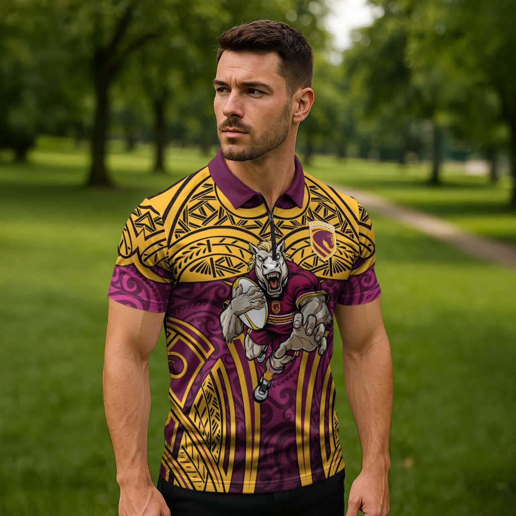 Brisbane Broncos Rugby Zipper Polo Shirt Polynesian Tribal Pattern Warrior Horse Maroon Gold Pattern
