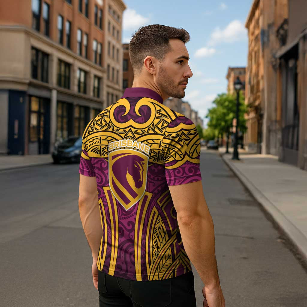 Brisbane Broncos Rugby Zipper Polo Shirt Polynesian Tribal Pattern Warrior Horse Maroon Gold Pattern