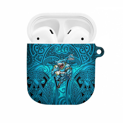 Cronulla Sutherland Sharks Rugby AirPods Case Polynesian Tribal Shark Warrior Ocean Blue Pattern